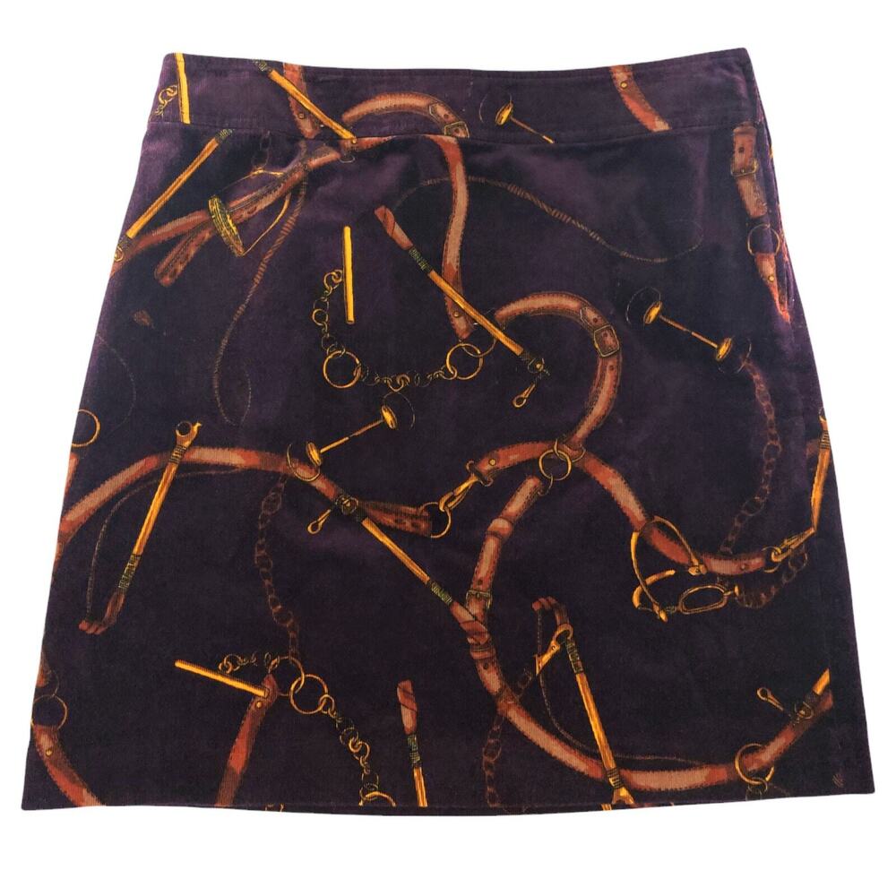 Talbots Petite Burgundy Corduroy A-Line Skirt Equestrian Horse Bit Print NWT 10P